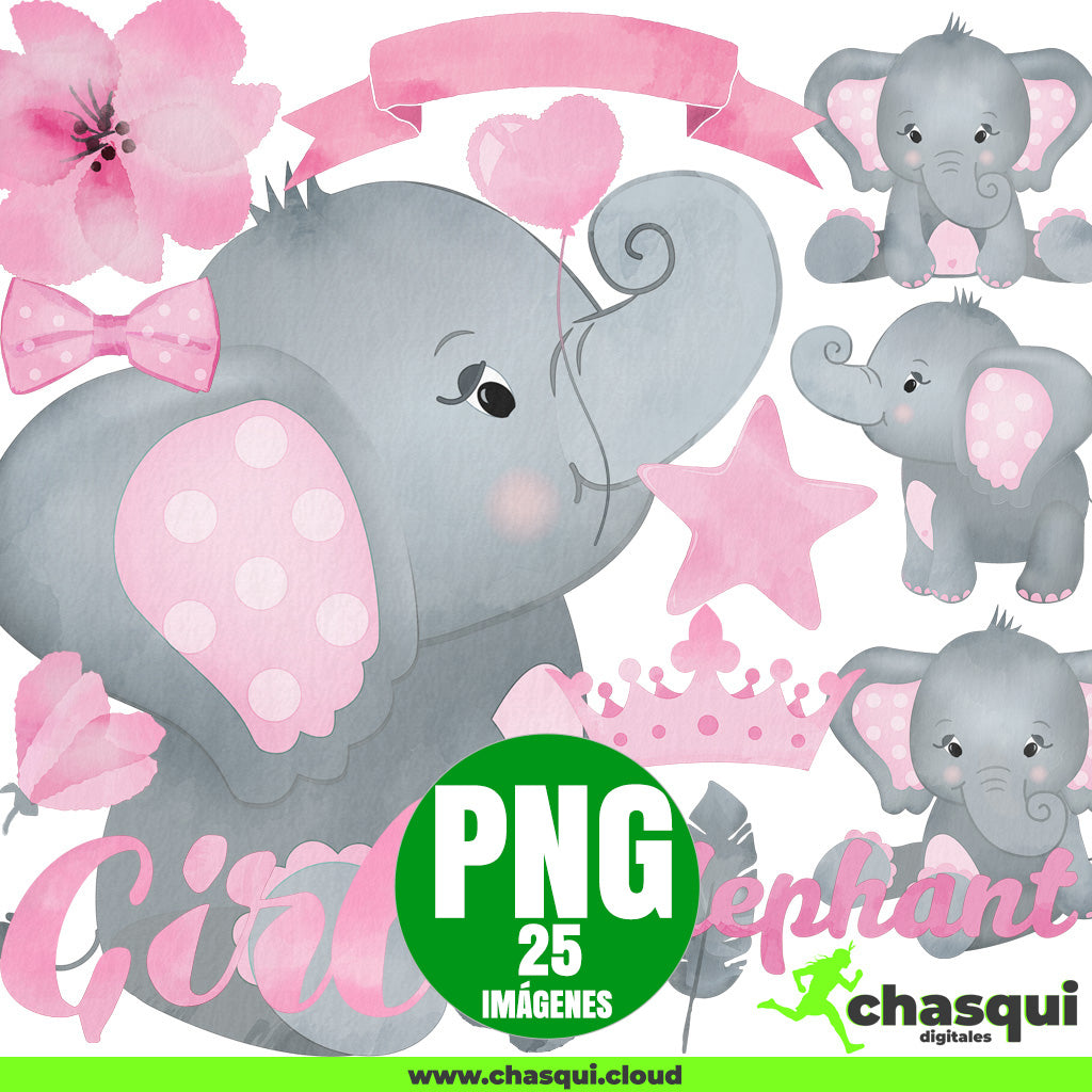 Descarga una adorable colección de 25 archivos Elefantita Rosa Clipart digitales en formato PNG con fondo transparente, perfecta para scrapbooking, diseño gráfico, decoración de fiestas, planners digitales, tarjetas y más.