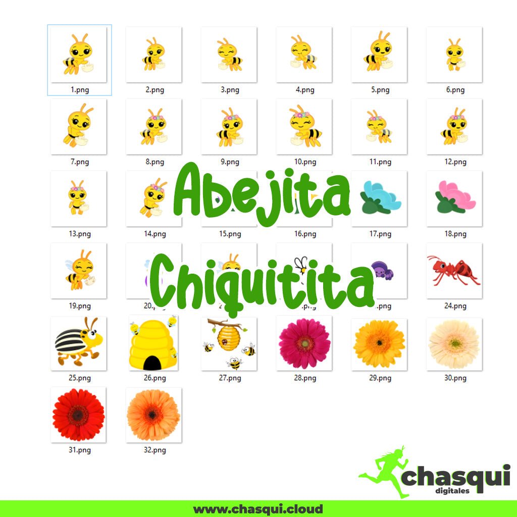 Descarga una adorable colección de 32 archivos Abejita Chiquitita Clipart digitales en formato PNG figuras con fondo transparente, perfecta para scrapbooking, diseño gráfico, decoración de fiestas, planners digitales, tarjetas y más.