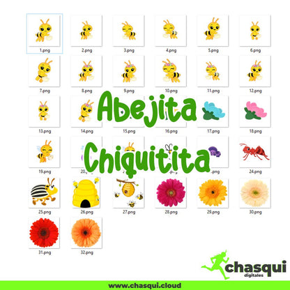Descarga una adorable colección de 32 archivos Abejita Chiquitita Clipart digitales en formato PNG figuras con fondo transparente, perfecta para scrapbooking, diseño gráfico, decoración de fiestas, planners digitales, tarjetas y más.