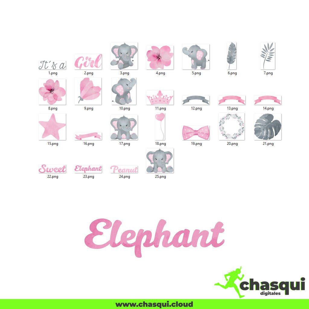 Descarga una adorable colección de 25 archivos Elefantita Rosa Clipart digitales en formato PNG figuras con fondo transparente, perfecta para scrapbooking, diseño gráfico, decoración de fiestas, planners digitales, tarjetas y más.