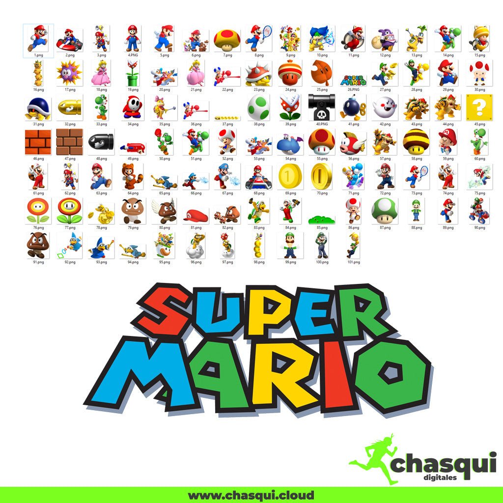 Descarga una adorable colección de 101 archivos Mario Bross Clipart digitales en formato PNG figuras con fondo transparente, perfecta para scrapbooking, diseño gráfico, decoración de fiestas, planners digitales, tarjetas y más.